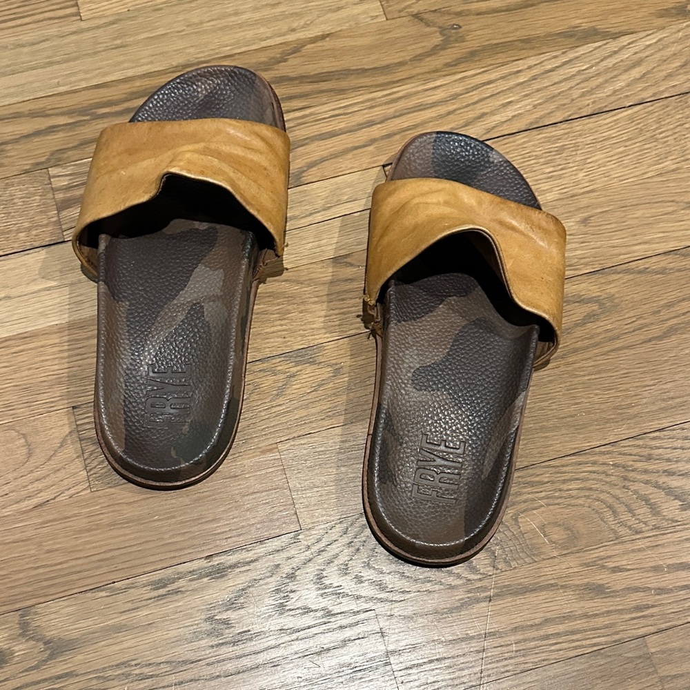 Frye Textured Brown Slide Sandals